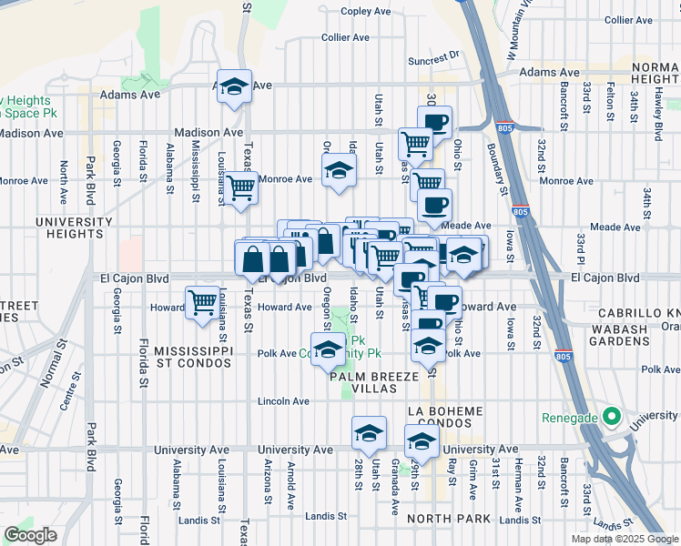 map of restaurants, bars, coffee shops, grocery stores, and more near 2724a El Cajon Boulevard in San Diego