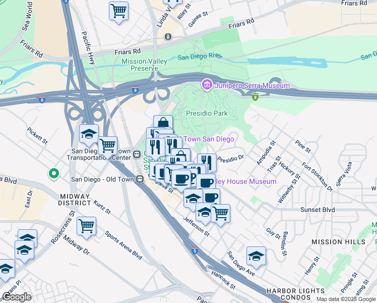 map of restaurants, bars, coffee shops, grocery stores, and more near 2635 Sunset Street in San Diego