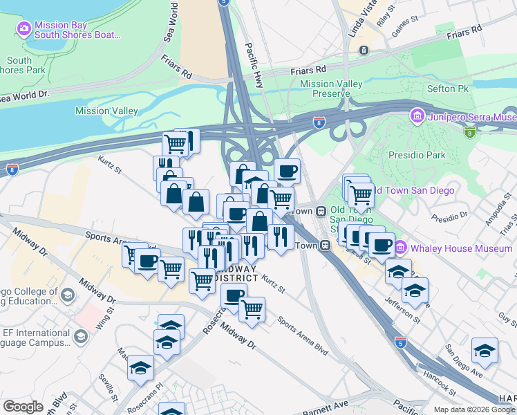 map of restaurants, bars, coffee shops, grocery stores, and more near 3141 Jefferson Street in San Diego