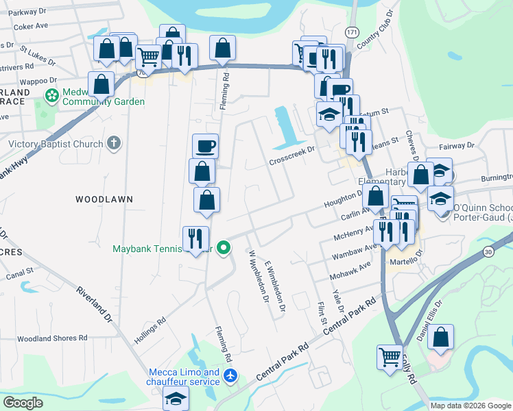 map of restaurants, bars, coffee shops, grocery stores, and more near 27 Hill Creek Boulevard in Charleston