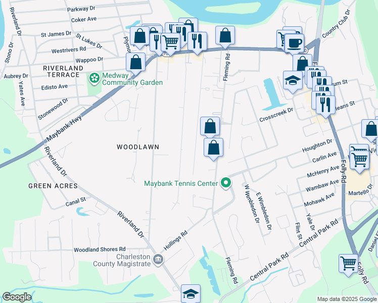 map of restaurants, bars, coffee shops, grocery stores, and more near 325 Stefan Drive in Charleston