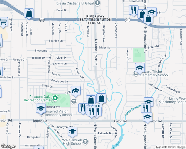 map of restaurants, bars, coffee shops, grocery stores, and more near 2527 North Prairie Creek Road in Dallas