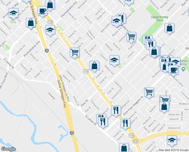map of restaurants, bars, coffee shops, grocery stores, and more near 3926 South Central Expressway in Dallas