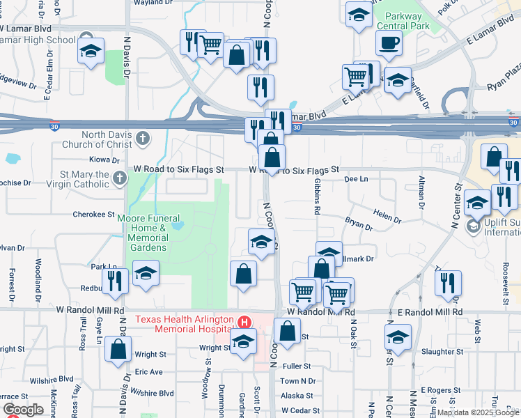 map of restaurants, bars, coffee shops, grocery stores, and more near 1336 North Cooper Street in Arlington