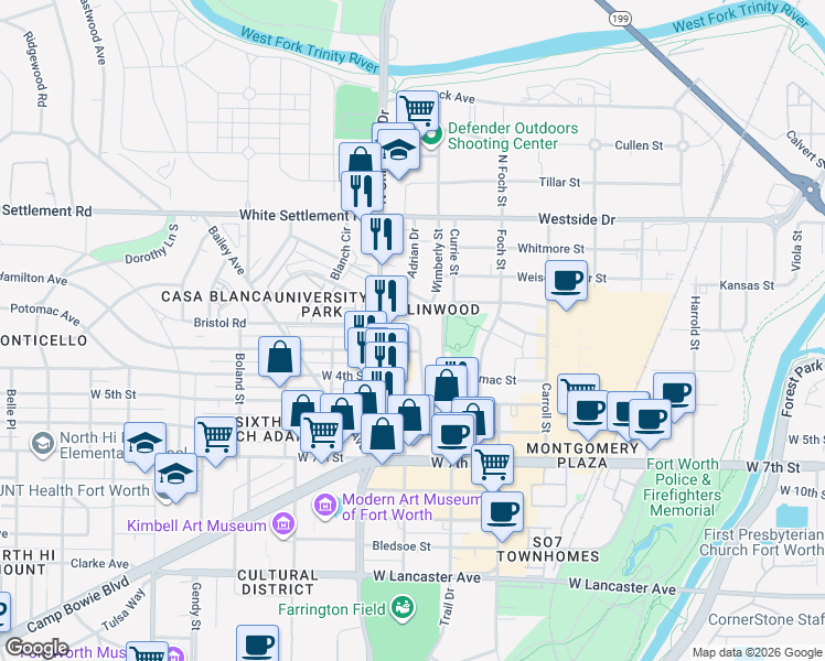 map of restaurants, bars, coffee shops, grocery stores, and more near 270 University Drive in Fort Worth