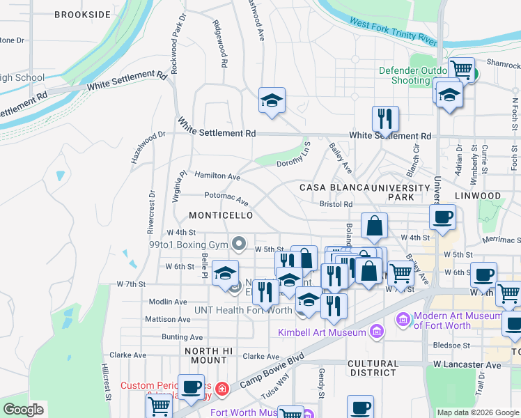 map of restaurants, bars, coffee shops, grocery stores, and more near 3700 Potomac Avenue in Fort Worth