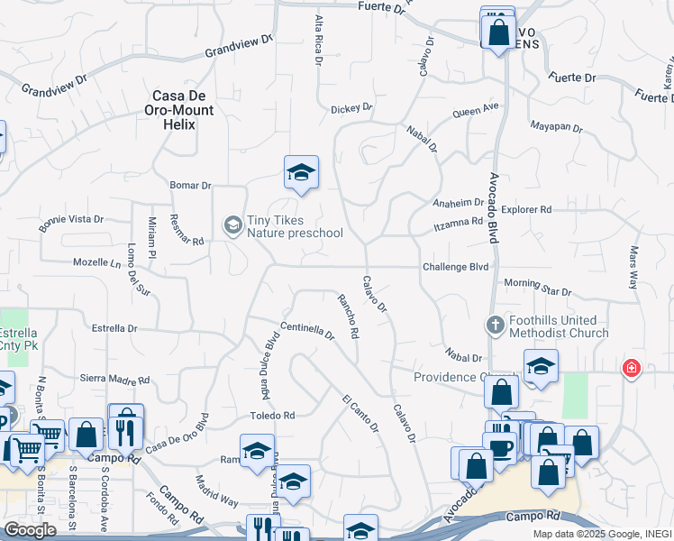map of restaurants, bars, coffee shops, grocery stores, and more near 10509 Challenge Boulevard in La Mesa
