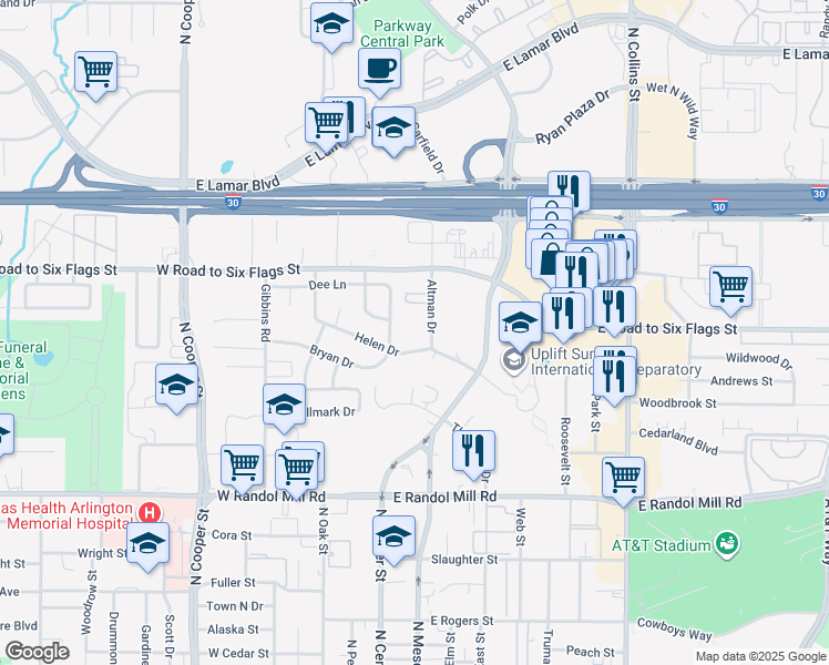 map of restaurants, bars, coffee shops, grocery stores, and more near 1404 Altman Drive in Arlington