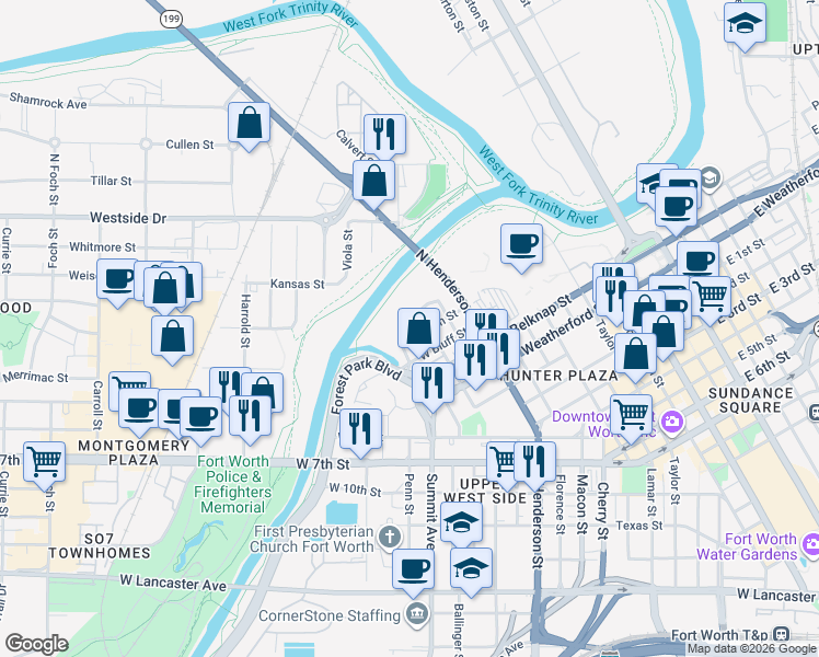 map of restaurants, bars, coffee shops, grocery stores, and more near 1048 West Peach Street in Fort Worth