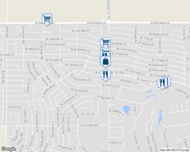 map of restaurants, bars, coffee shops, grocery stores, and more near 9853 West Santa Cruz Boulevard in Arizona City