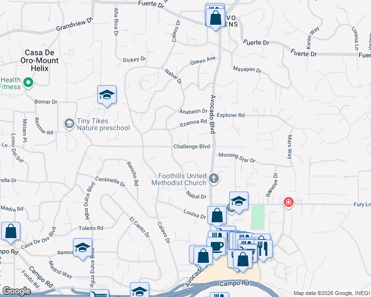 map of restaurants, bars, coffee shops, grocery stores, and more near 10735 Challenge Boulevard in La Mesa