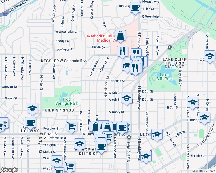 map of restaurants, bars, coffee shops, grocery stores, and more near 1021 North Bishop Avenue in Dallas