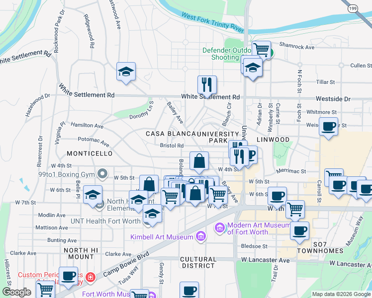 map of restaurants, bars, coffee shops, grocery stores, and more near 3331 Bristol Road in Fort Worth