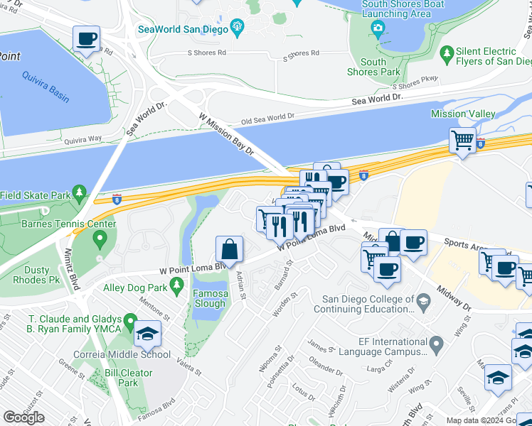 map of restaurants, bars, coffee shops, grocery stores, and more near 4044 Loma Riviera Circle in San Diego