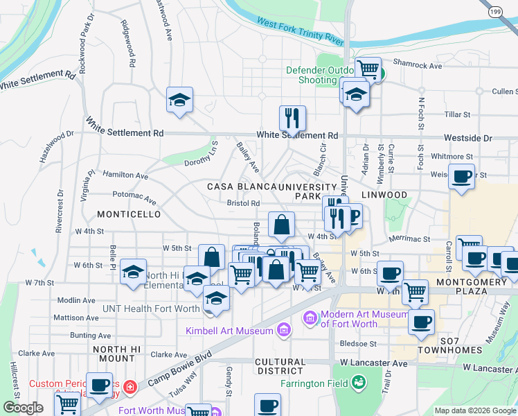 map of restaurants, bars, coffee shops, grocery stores, and more near 3331 Bristol Road in Fort Worth