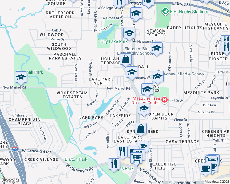 map of restaurants, bars, coffee shops, grocery stores, and more near 218 New Market Road in Mesquite