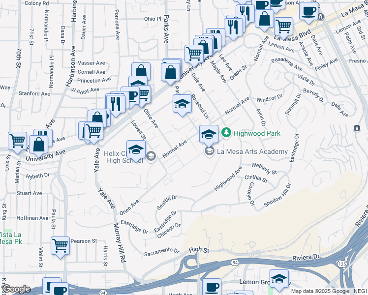 map of restaurants, bars, coffee shops, grocery stores, and more near 7631 Normal Avenue in La Mesa