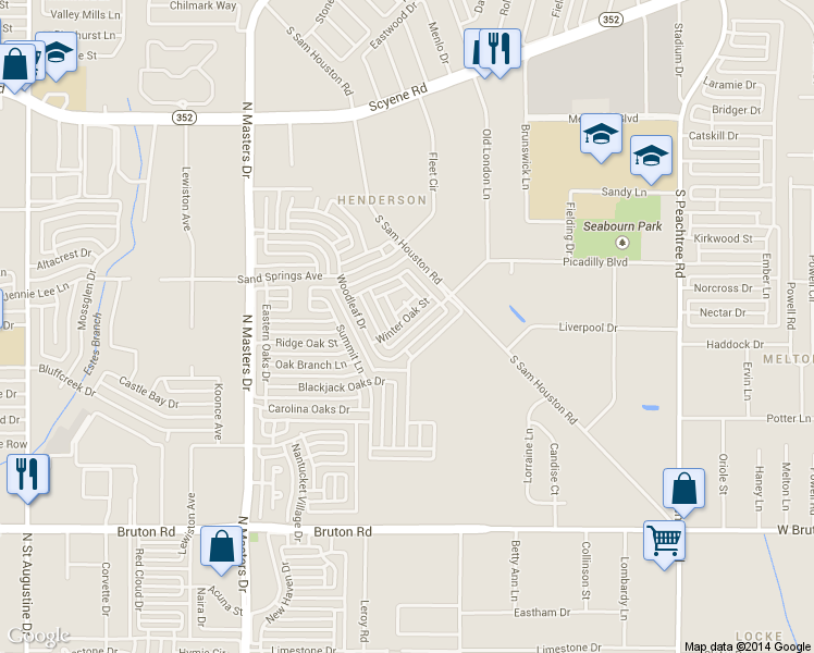 map of restaurants, bars, coffee shops, grocery stores, and more near 2536 Winter Oak Street in Dallas