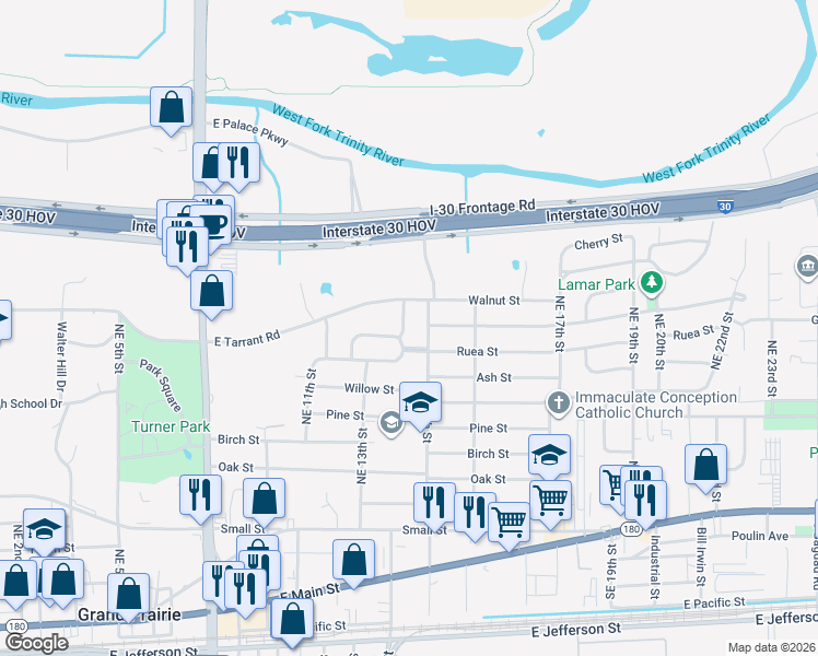 map of restaurants, bars, coffee shops, grocery stores, and more near 910 Tusing Street in Grand Prairie