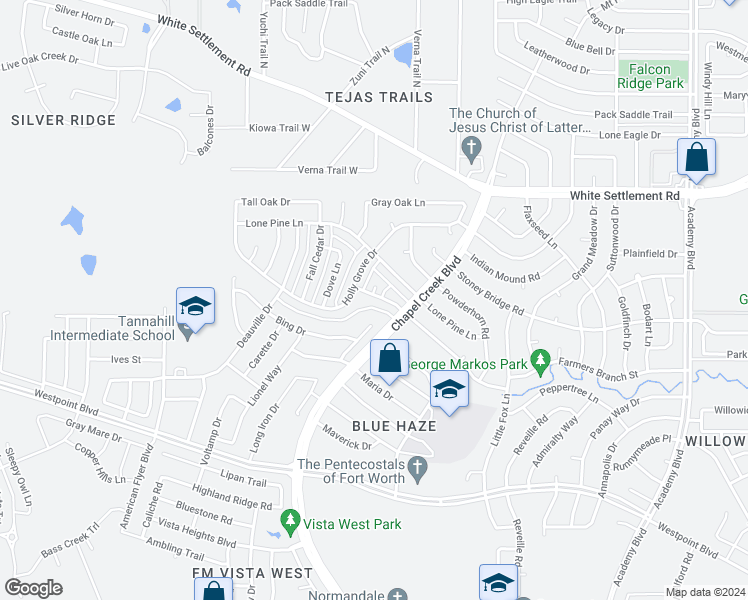 map of restaurants, bars, coffee shops, grocery stores, and more near 10319 Little Valley Road in Fort Worth