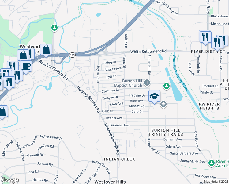 map of restaurants, bars, coffee shops, grocery stores, and more near 5825 Coleman St in Westworth Village