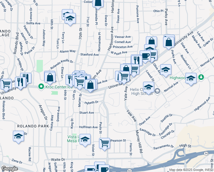 map of restaurants, bars, coffee shops, grocery stores, and more near 7180 University Avenue in La Mesa
