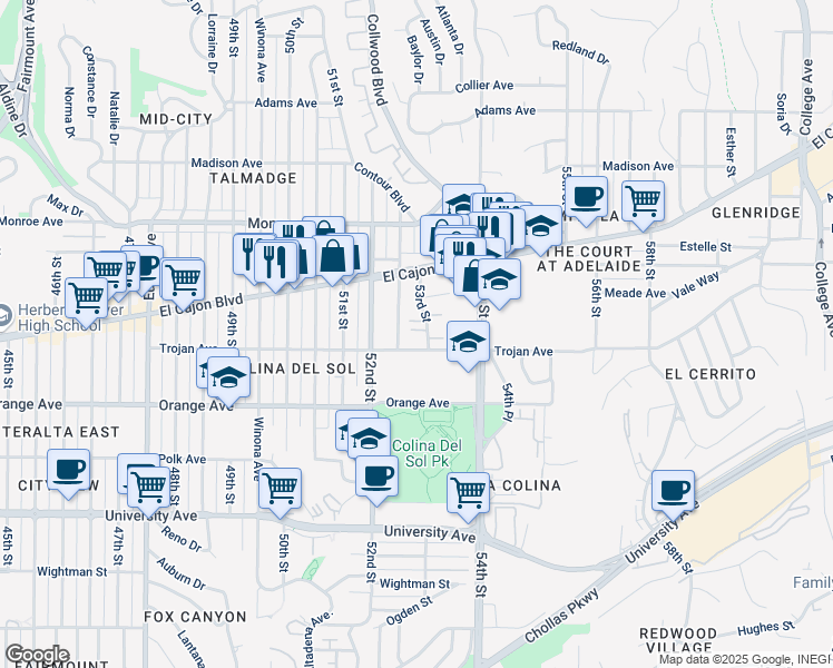 map of restaurants, bars, coffee shops, grocery stores, and more near 4318 53rd Street in San Diego