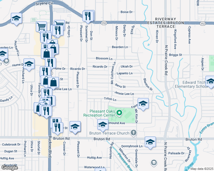 map of restaurants, bars, coffee shops, grocery stores, and more near 8502 Reva Street in Dallas
