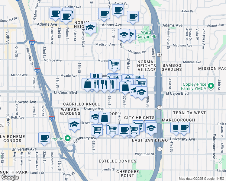 map of restaurants, bars, coffee shops, grocery stores, and more near 3118-20 El Cajon Boulevard in San Diego