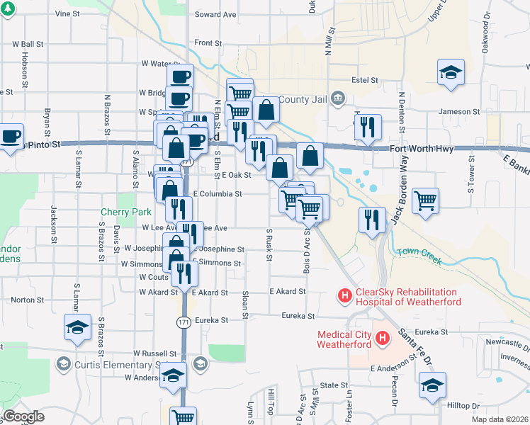 map of restaurants, bars, coffee shops, grocery stores, and more near 312 South Rusk Street in Weatherford