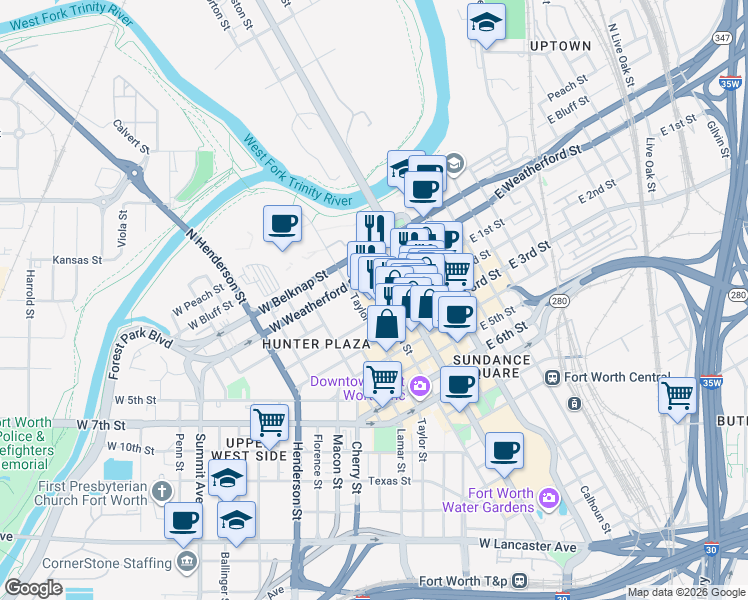 map of restaurants, bars, coffee shops, grocery stores, and more near 200 Main Street in Fort Worth