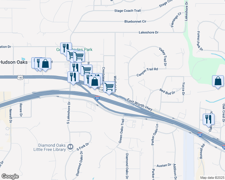 map of restaurants, bars, coffee shops, grocery stores, and more near 3425 Fort Worth Highway in Hudson Oaks