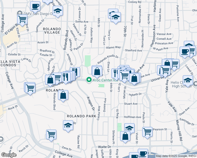 map of restaurants, bars, coffee shops, grocery stores, and more near 6760 University Avenue in San Diego