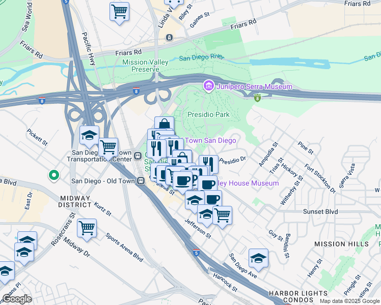 map of restaurants, bars, coffee shops, grocery stores, and more near 2635 Sunset Street in San Diego