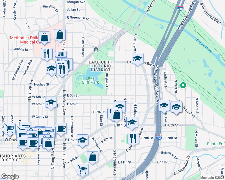 map of restaurants, bars, coffee shops, grocery stores, and more near 619 North Marsalis Avenue in Dallas