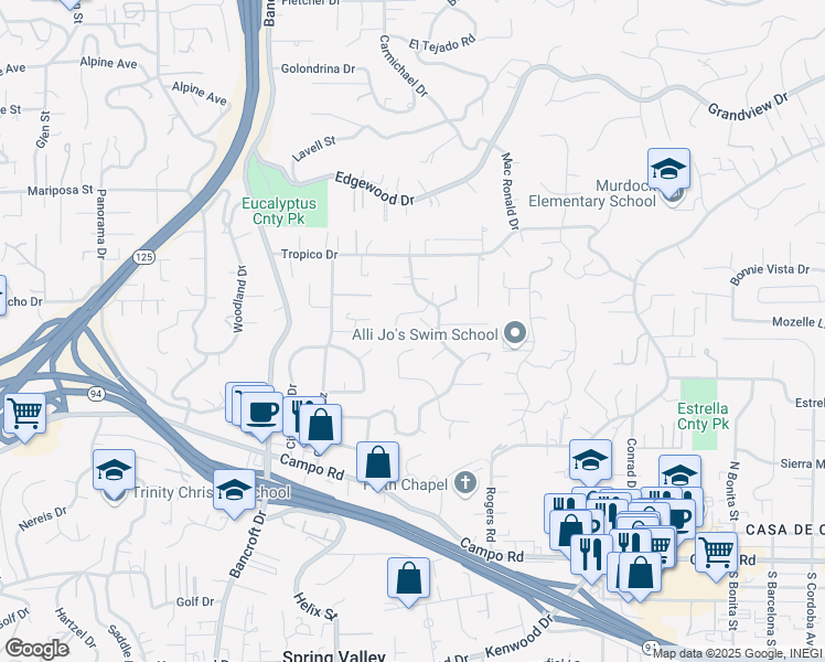 map of restaurants, bars, coffee shops, grocery stores, and more near 9313 Tomiko Court in La Mesa