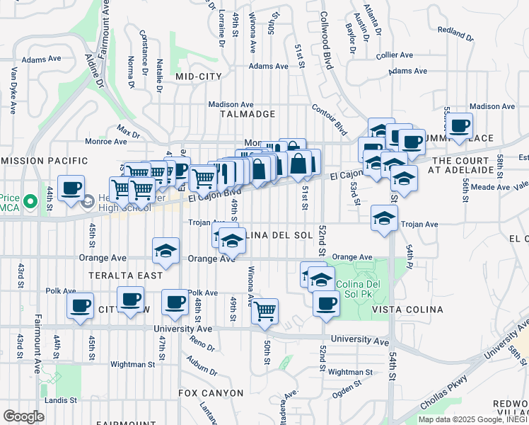 map of restaurants, bars, coffee shops, grocery stores, and more near 4340 50th Street in San Diego
