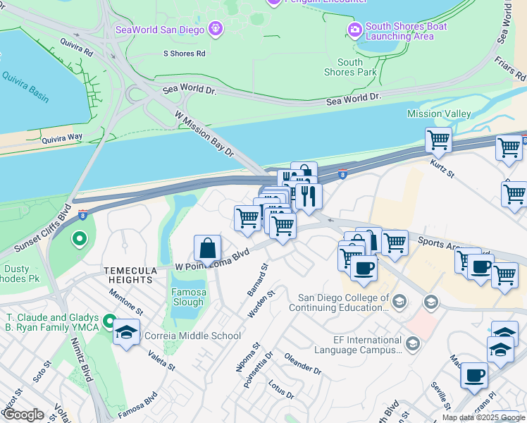 map of restaurants, bars, coffee shops, grocery stores, and more near 4240 Venus Street in San Diego