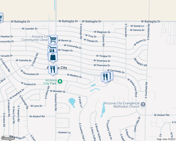 map of restaurants, bars, coffee shops, grocery stores, and more near 9143 West Coronado Drive in Arizona City