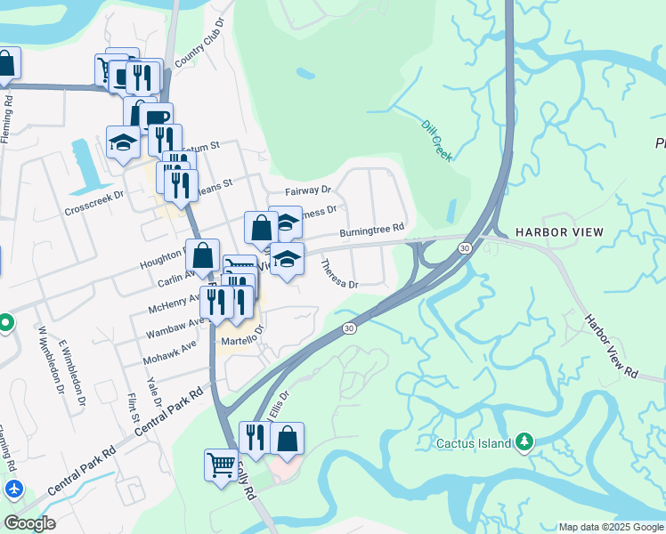map of restaurants, bars, coffee shops, grocery stores, and more near 1532 Theresa Drive in Charleston