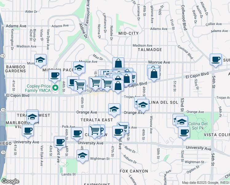 map of restaurants, bars, coffee shops, grocery stores, and more near 4293 47th Street in San Diego