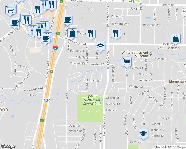 map of restaurants, bars, coffee shops, grocery stores, and more near 409 Parkside Drive in Fort Worth