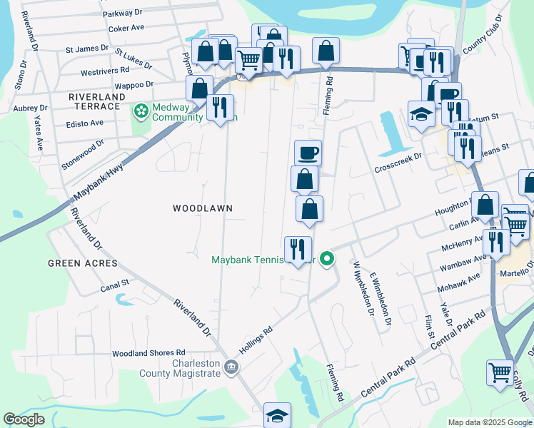 map of restaurants, bars, coffee shops, grocery stores, and more near 325 Stefan Drive in Charleston