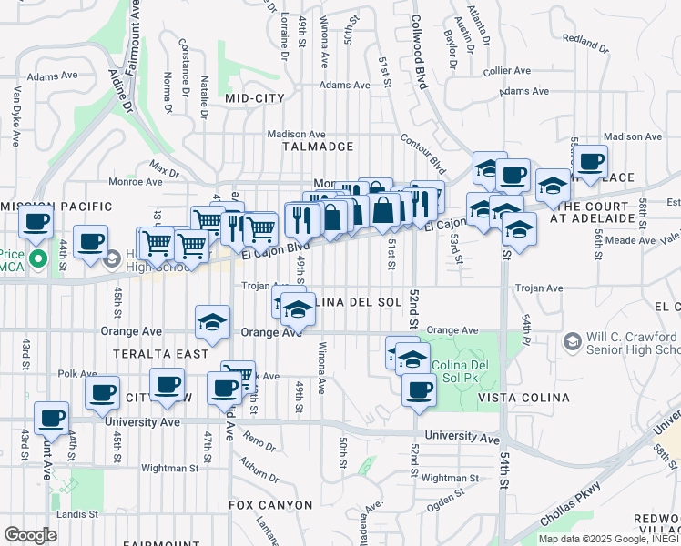 map of restaurants, bars, coffee shops, grocery stores, and more near 4326 50th Street in San Diego