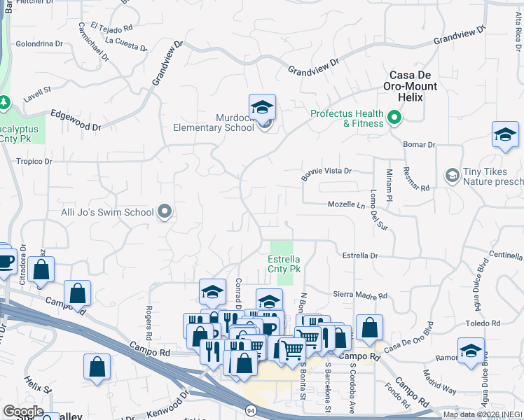 map of restaurants, bars, coffee shops, grocery stores, and more near 4177 Conrad Drive in Spring Valley