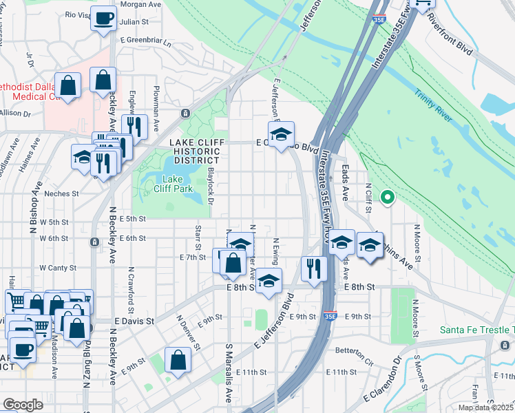map of restaurants, bars, coffee shops, grocery stores, and more near 615 North Lancaster Avenue in Dallas