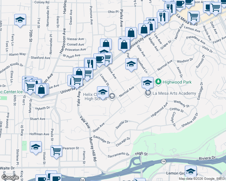 map of restaurants, bars, coffee shops, grocery stores, and more near 4241 Lowell Street in La Mesa