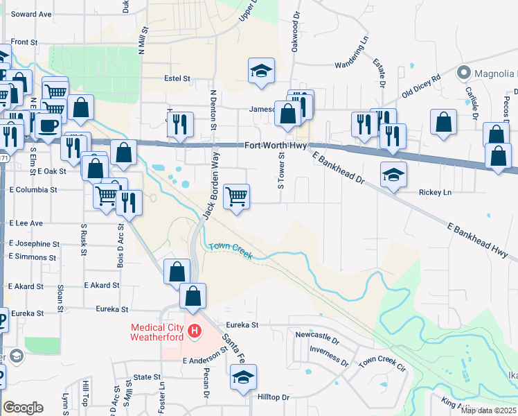 map of restaurants, bars, coffee shops, grocery stores, and more near 1018 East Columbia Street in Weatherford