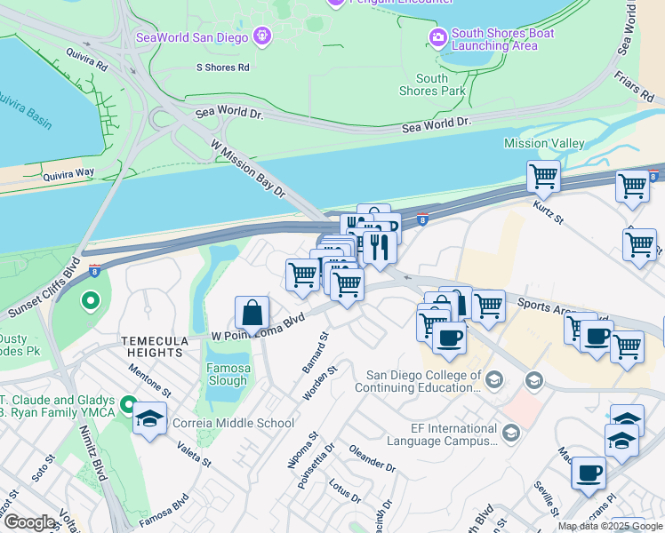 map of restaurants, bars, coffee shops, grocery stores, and more near 3204 Ollie Street in San Diego