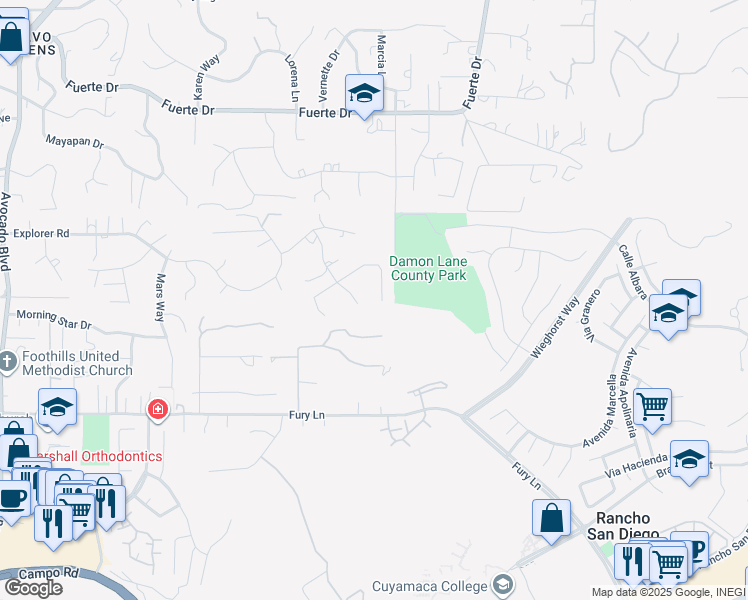 map of restaurants, bars, coffee shops, grocery stores, and more near 11577 Shadow Ranch Road in La Mesa